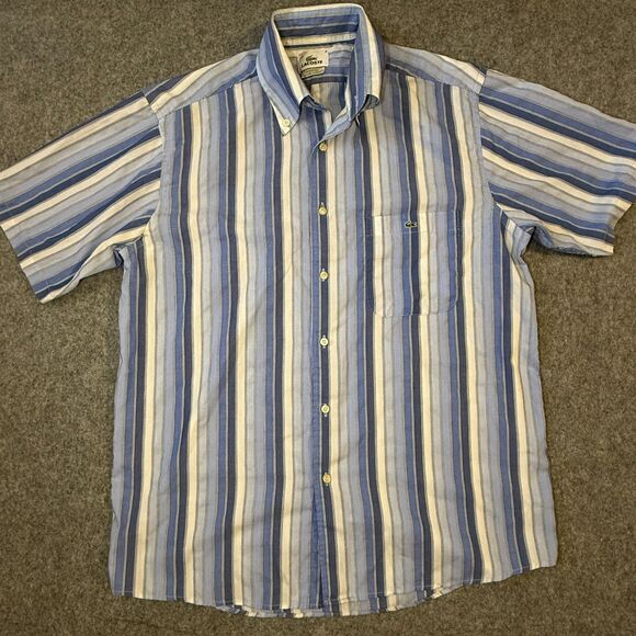 Lacoste Shirt Mens Size 40 Short Sleeve Stripes Blue Button Down - Picture 1 of 11
